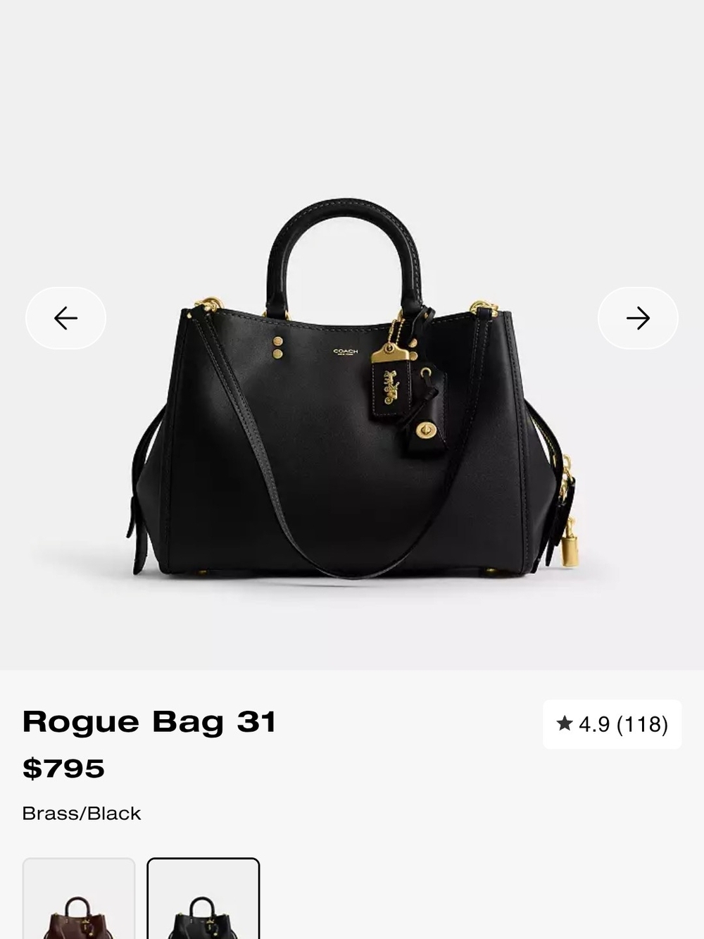 Coach Black Rogue 31 Satchel with Brass Hardware